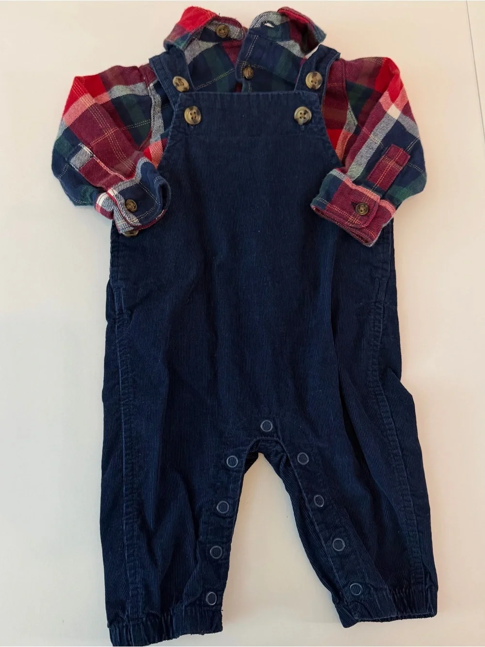 Carter’s Baby Boys Plaid Shirt & Navy Corduroy Overalls Outfit 0-3M